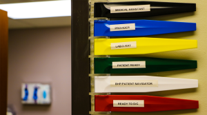 A closeup of labels on a door in a primary care office that identify different stages in the primary care workflow